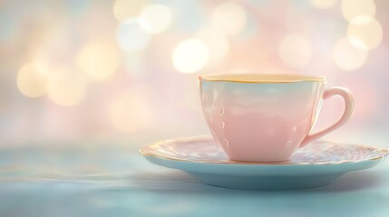 Obraz premium Pastel pink teacup and saucer on a soft blue surface with bokeh background.