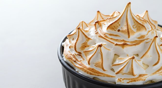 Close-up of toasted meringue dessert in a black ramekin, concept for food blog, bakery advertisement and culinary presentation