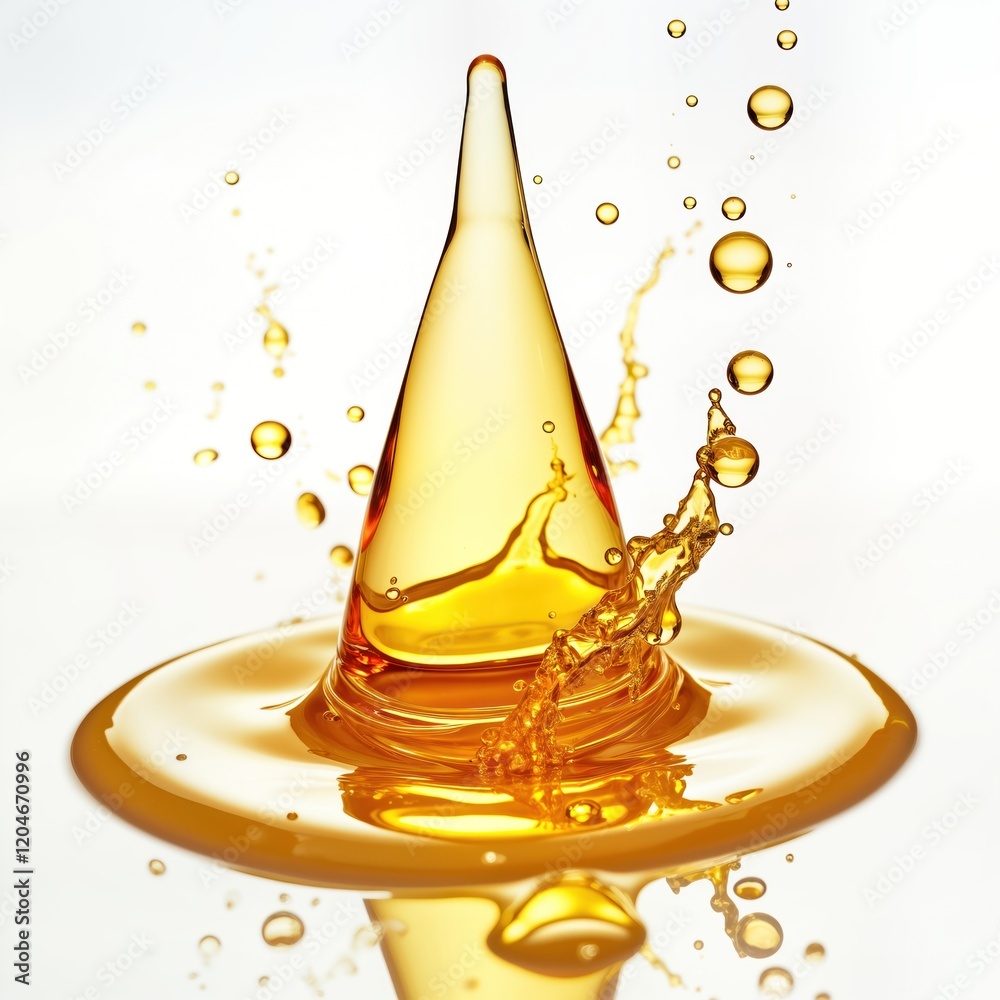 Poster golden liquid droplet splashes creating vibrant abstract pattern on transparent surface. liquid dyna