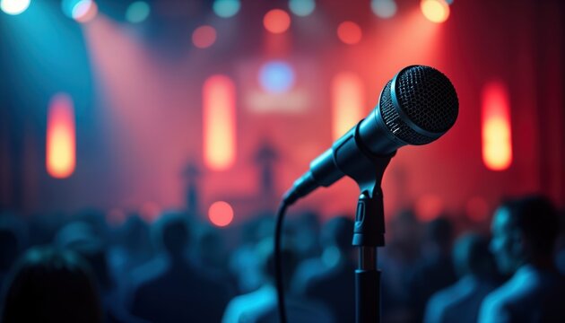 Closeup microphone on stage in small concert hall. Audience in blurry background enjoying concert. Vivid vibrant lights and music. Event. Entertainment. Night.