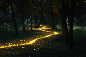 Fototapeta premium Golden Lights Illuminate A Winding Forest Path