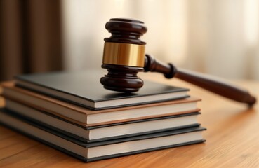 Wooden judges gavel rests atop stack of law books. Legal documents, court tools symbolize justice, law. Image evokes concepts of civil, criminal procedures. Photo ideal for websites associated with