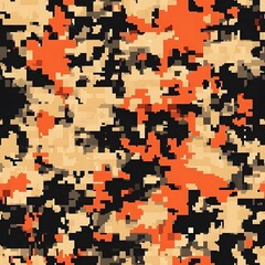 Fototapeta premium Digital camouflage background, army black, orange, red, chocolate, and light brown color, with a blend of natural colors used for camouflage