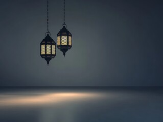 Two Illuminated Hanging Lanterns in a Dark Room