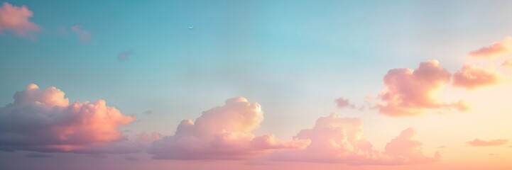 Obraz premium Soft pink, peach clouds paint vast blue sky at sunset. Dreamy light, fluffy clouds fill panoramic view. Beautiful, romantic sky background. High atmosphere calm, peaceful. Colors gentle, calming.