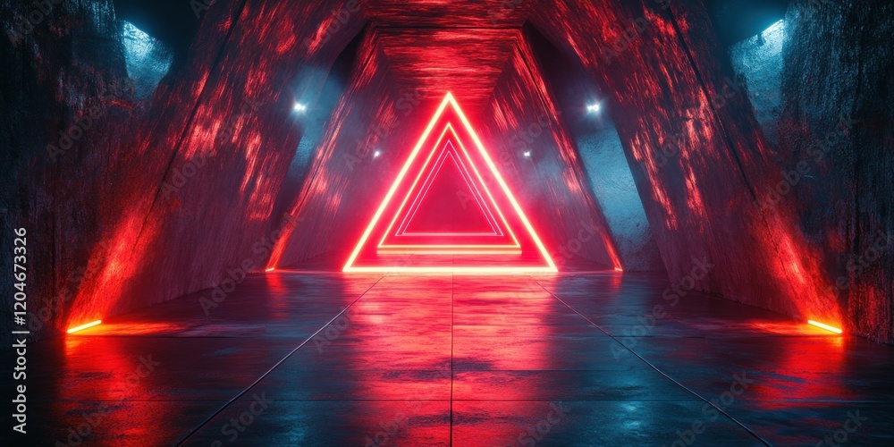 Poster vibrant neon tunnel corridor with glowing triangle lights abstract cyberpunk architecture