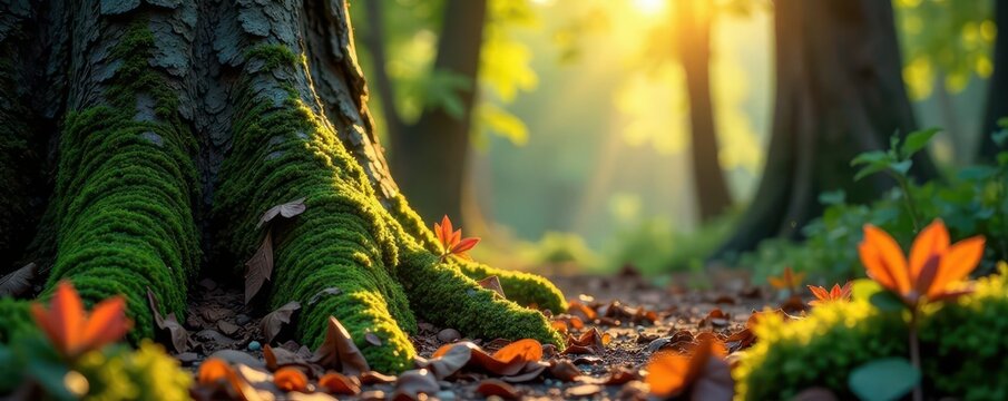 Viejo roble con ra?ces que crecen desde la base del tronco, oscuridad, paisaje