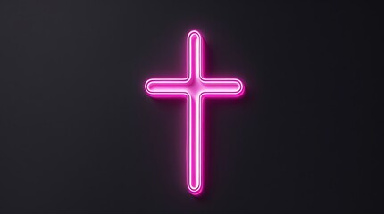 Obraz premium Bright pink neon cross glowing against a dark backdrop, representing religious faith, divine spirituality, and modern Christian symbolism with an artistic touch