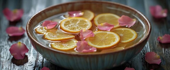Soothing citrus and rose petal water in bowl.