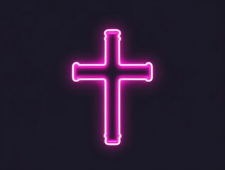 Obraz premium Bright pink neon cross glowing against a dark backdrop, representing religious faith, divine spirituality, and modern Christian symbolism with an artistic touch