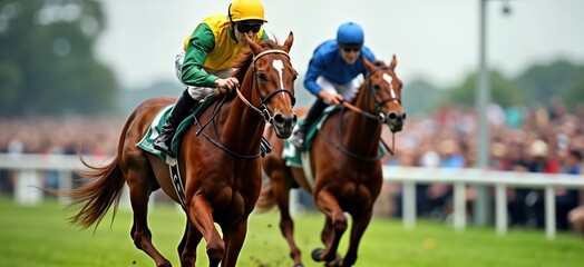 Two horses race at high speed on track. Jockeys in colored uniforms guide. Spectators watch competition. Action photo shows equine power, horsemanship in sport event. Fast-paced horse racing scene.