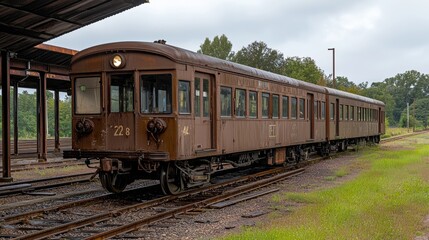 Fototapeta premium Vintage railcar rests on forgotten tracks in an overgrown yard surrounded by trees under a cloudy sky