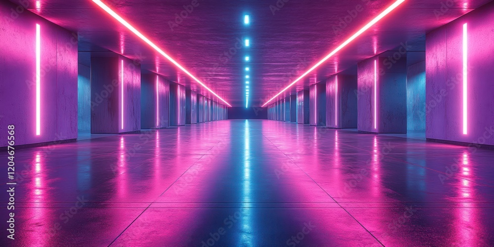 Poster Futuristic Neon Cyberpunk Tunnel Corridor with Electric Vibrant Lighting and Glossy Concrete Floor for 3D Rendering Studio Backdrop
