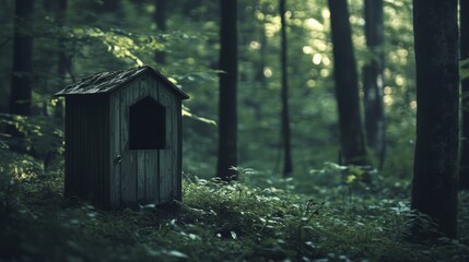 A lonely wooden shed stands in the heart of a dim forest, enveloped in mystery and echoing hidden stories.