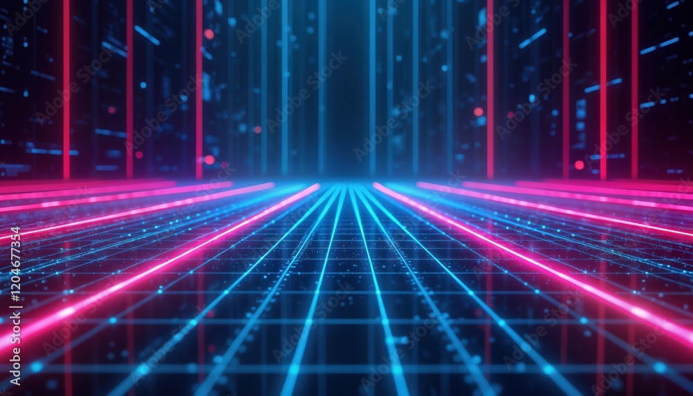 Aufkleber futuristic tech background. neon glow blue, purple grid lines create perspective. cyber space virtua