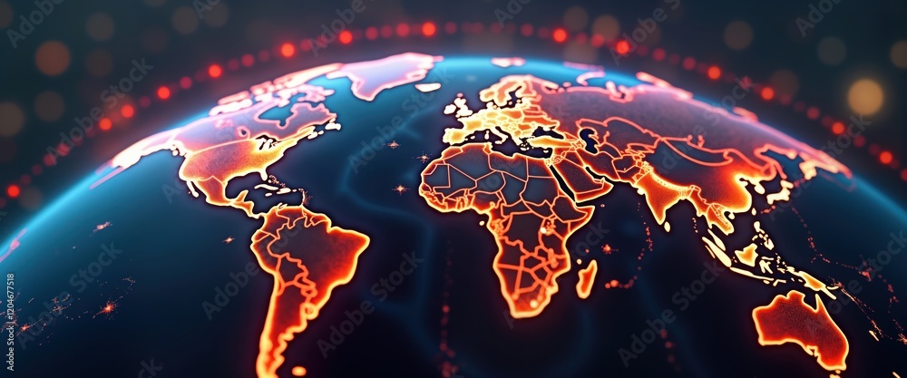 Aufkleber Animated globe highlights international airline routes. Global air transit options displayed as glowing lines across earth. Dynamic illustration shows global connectivity, logistics. Futuristic