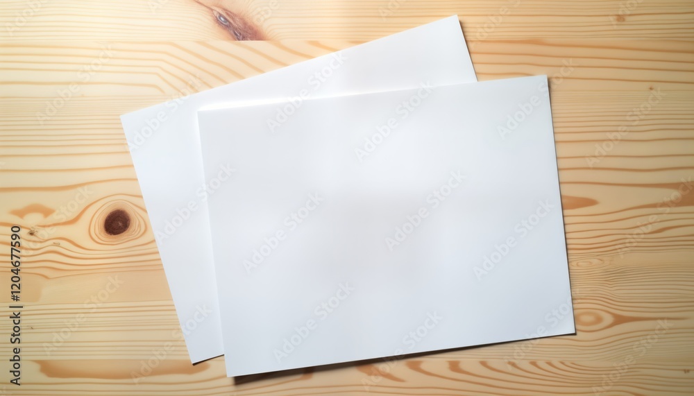 Aufkleber Two blank white sheets of paper rest on light brown wooden table. Empty space suggests template for design document. Clean simple business presentation. Versatile layout for cards brochures