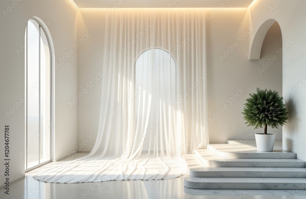 Poster modern interior design with white veil fabric drapes, arch window. soft light streams through window