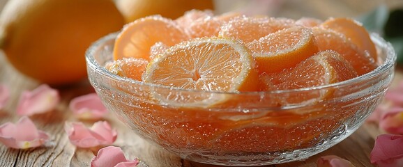 Juicy citrus segments in a glass bowl with rose petals.