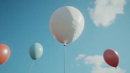 Obraz premium Four colorful balloons float against a bright blue sky, filled with fluffy white clouds. A large white balloon dominates the center, creating a serene and joyful scene.