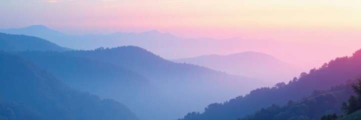Obraz premium Misty morning with a gradient of light blue and pink mist over rolling hills, gradient, hills