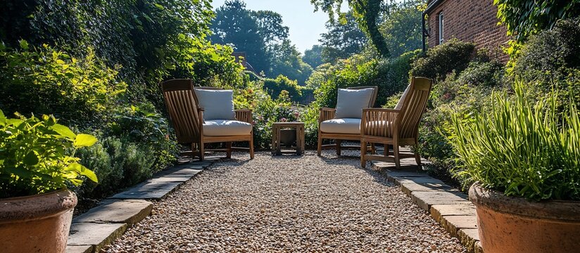 Tranquil Garden Retreat: Serene Seating Area in a Lush Landscape
