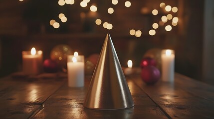 A metallic gold party hat sits on a rustic wooden table, surrounded by lit candles and blurred Christmas ornaments. Warm, inviting holiday atmosphere.