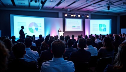 Large audience attends corporate business conference. Speaker presents on stage in conference hall. Many businesspeople sitting, listening attentively. Business professionals gather for seminar.