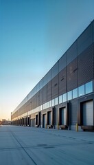 Modern industrial warehouse exterior under clear blue sky. Large loading bays visible. Empty warehouse space. Commercial facility with modern design. Robust structure. Empty building waiting for