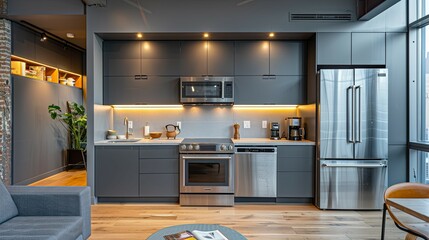 Modern Grey Kitchen Design With Stainless Steel Appliances