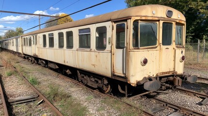 Rusting railcar resting in an overgrown railway yard under clear blue skies during daytime