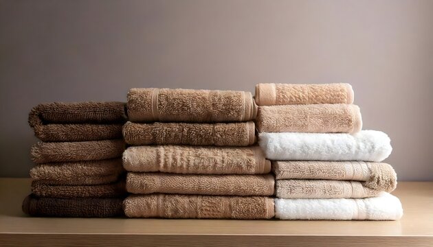 Plush Cotton Towels in Brown and Beige Tones Arranged on a Shelf