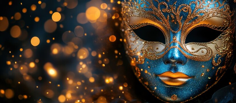 Venetian Carnival Mask in Gold and Blue with Bokeh Lights and Streamers - Masquerade Celebration Theme