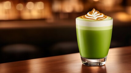 A vibrant green beverage topped with whipped cream and caramel, served in a glass.