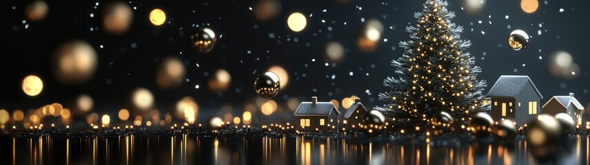 Festive Winter Village Scene with Illuminated Christmas Tree