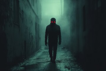 Fototapeta premium Gloomily Lit Alleyway Figure With Glowing Red Eyes