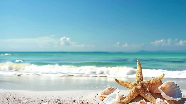 The beach is covered with white sand, and there are some shells scattered around on the beach.