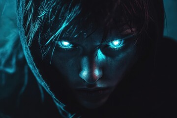 Obraz premium Hooded Figure With Glowing Eyes Stares Intensely