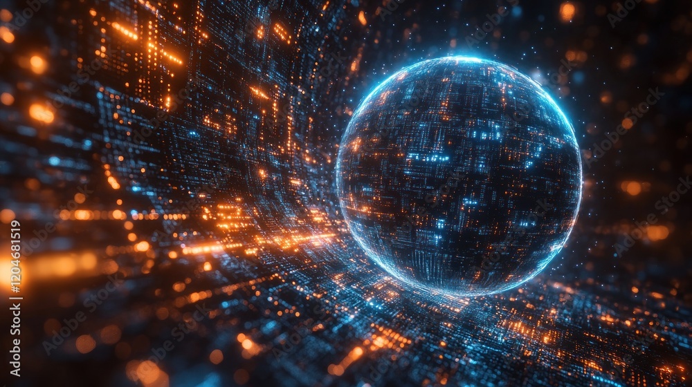 Fototapete Big Data AI Technology Visualization Glowing Cyberpunk Sphere Streams Binary Code Deep Learning Neural Networks Automation Data Science Analysis