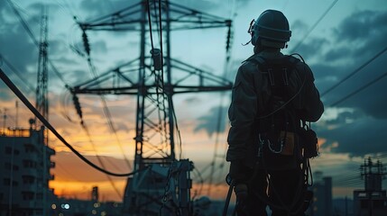 Lineman Silhouette at Sunset Against Power Lines
