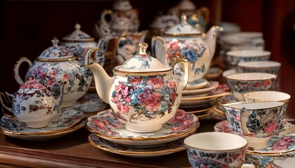 Fototapeta premium Ornate Tea Set Displayed with Intricate Floral Designs and Teapots