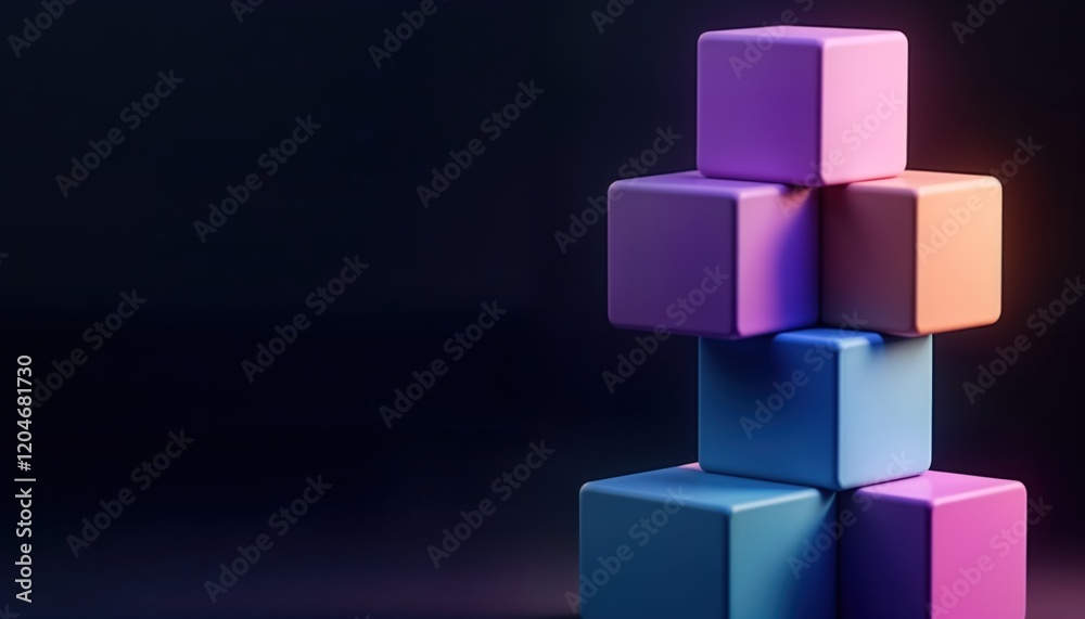 Leinwandbilder Colorful geometric blocks stacked in modern design. Gradient lighting on dark background creates depth, contrast. Abstract shapes form three-dimensional composition. Futuristic illustration suggests