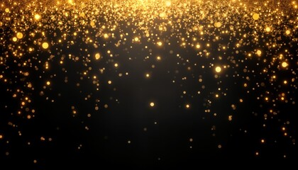 Golden confetti falls on black background. Luxury festive party celebration. Shiny glittering design. Elegant abstract texture. Suitable for holiday events or glamorous celebrations.