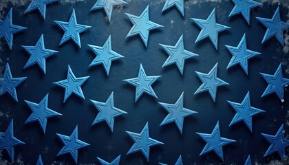 Abstract design features repeating pattern of blue stars on dark grunge surface. Stars slightly raised texture creating depth, visual interest. Grunge texture adds unique aesthetic. Abstract pattern
