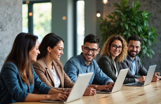 Latin business people work together in modern Mexican office. Team members sit around desk, use laptops. Look happy, focused on task. Creative atmosphere, casual attire. Indoor setting. Teamwork,