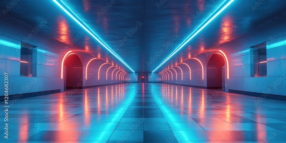Poster futuristic underground neon blue corridor minimalistic cyberpunk stage 3d rendering sci fi backgroun