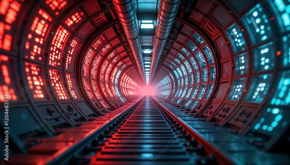 Aufkleber Futuristic tunnel with vibrant red, blue glowing tech screens. Digital data flows along tracks in cyber space. Quantum computing central. Tech design perfect for wallpaper concept illustration.