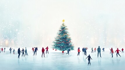 People skate in ice skating rink with Christmas tree in holiday.