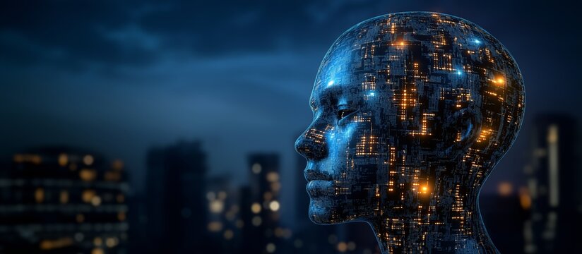 Artificial intelligence processing data in futuristic cityscape