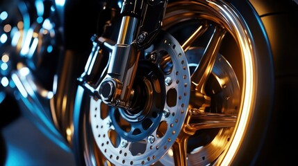 Gleaming Motorcycle Wheel: A Close-Up of Chrome and Gold